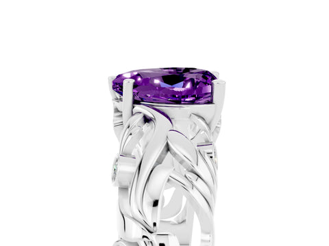 White gold Heart Cut Solitaire Amethyst Leaf-Inspired Vine Band Ring with Prong Setting_5