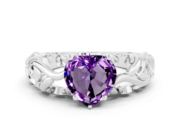 White gold Heart Cut Solitaire Amethyst Leaf-Inspired Vine Band Ring with Prong Setting