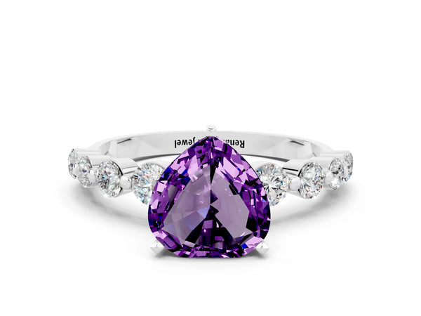 Platinum Heart Cut Solitaire Amethyst Ring with Pave Band and Four-Prong Setting