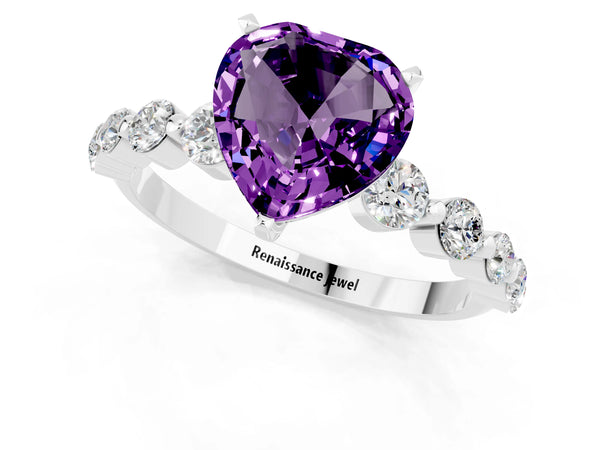 White gold Heart Cut Solitaire Amethyst Ring with Pave Band and Four-Prong Setting