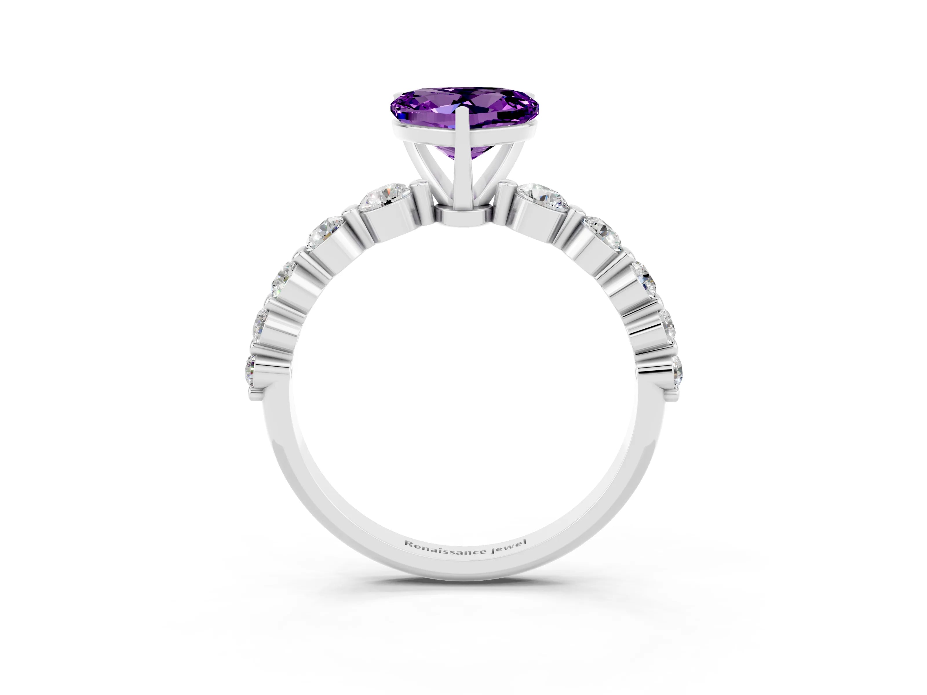 White gold Heart Cut Solitaire Amethyst Ring with Pave Band and Four-Prong Setting_3