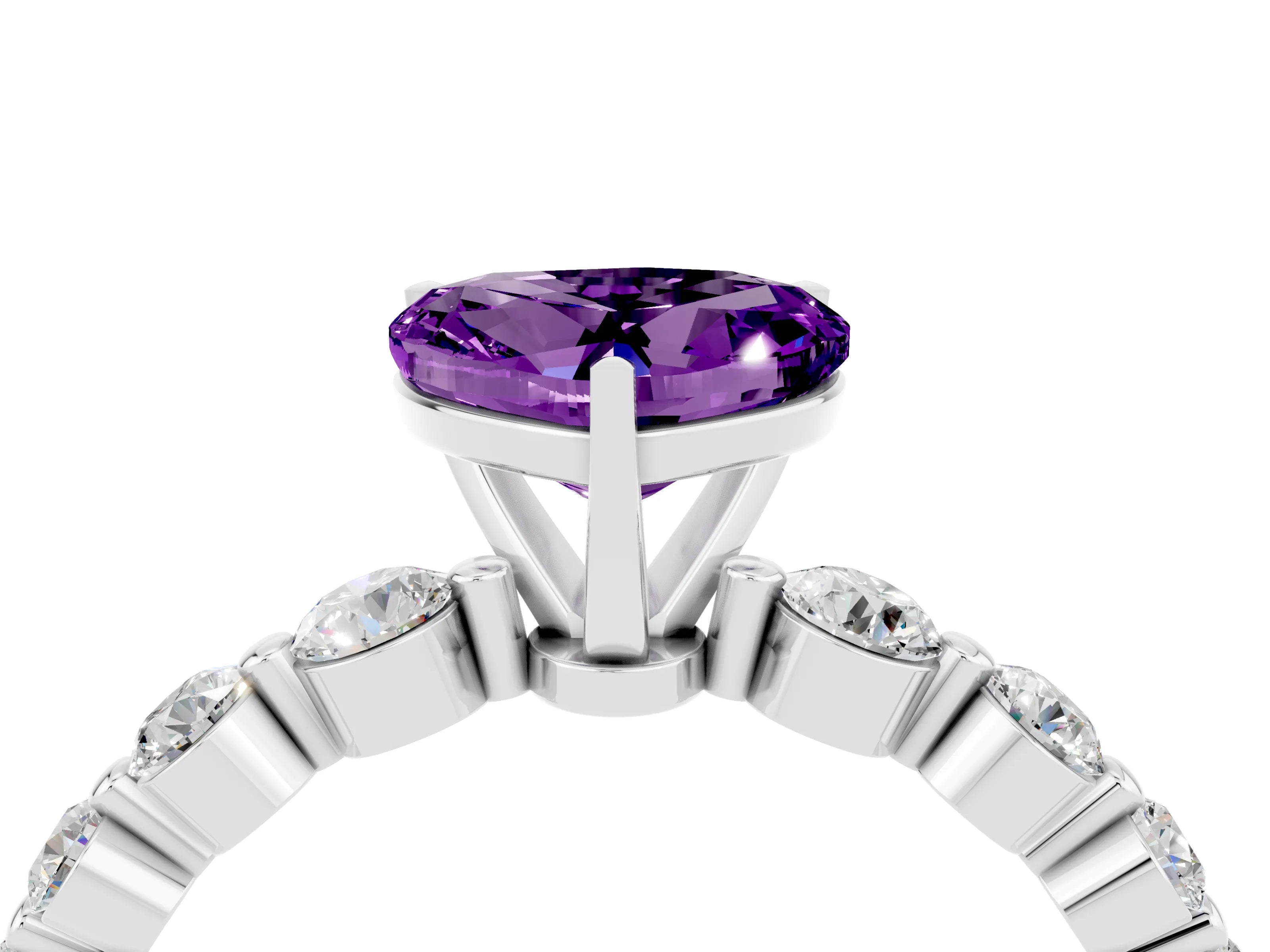 White gold Heart Cut Solitaire Amethyst Ring with Pave Band and Four-Prong Setting_4