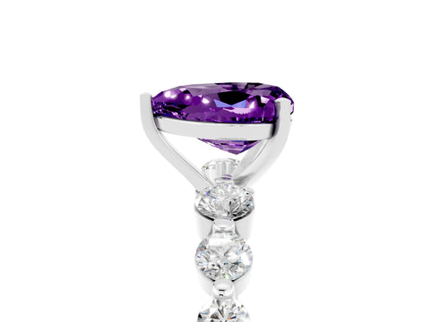White gold Heart Cut Solitaire Amethyst Ring with Pave Band and Four-Prong Setting_5