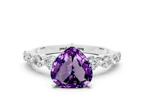White gold Heart Cut Solitaire Amethyst Ring with Pave Band and Four-Prong Setting