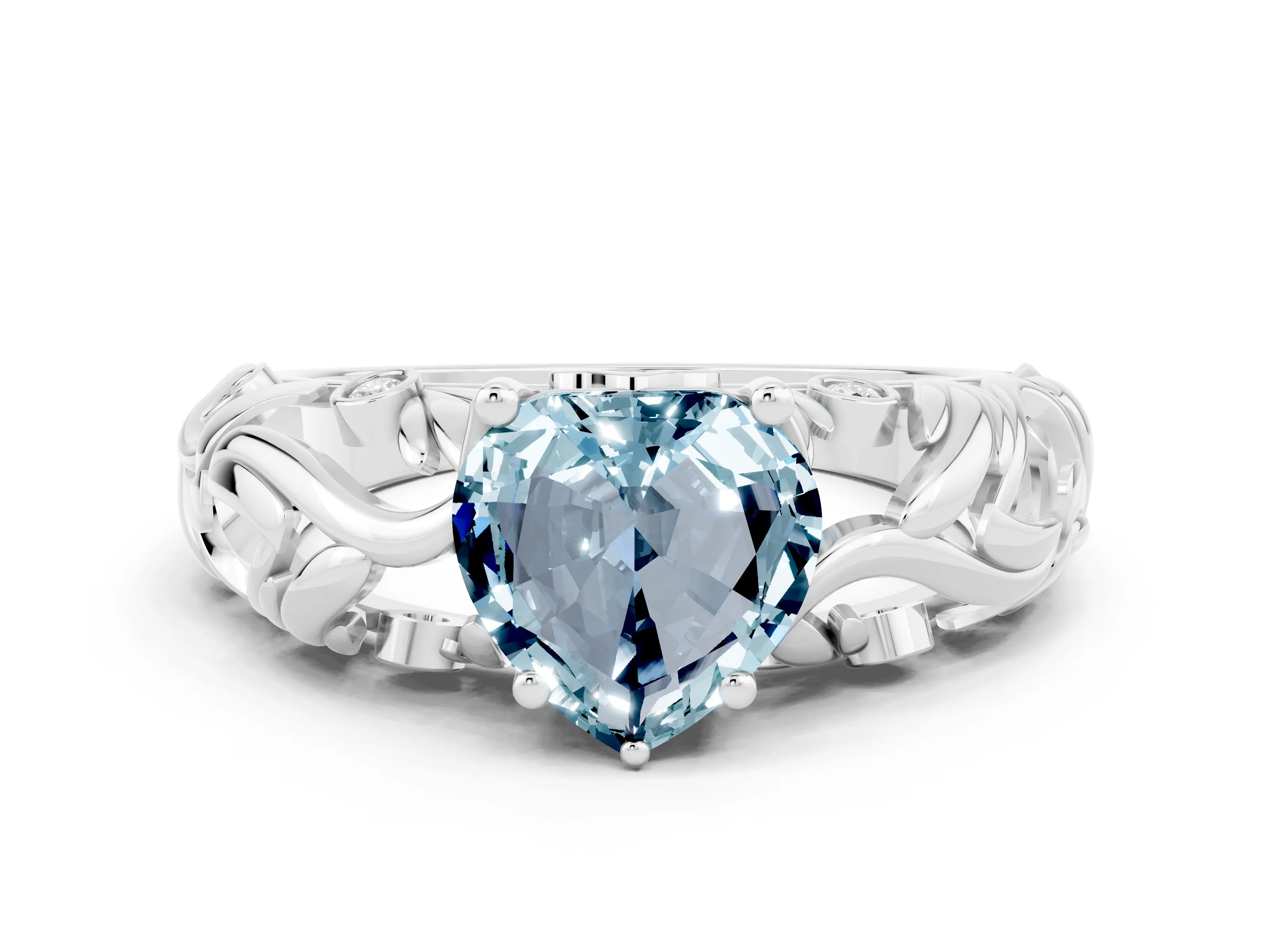 White gold Heart Cut Solitaire Aquamarine Leaf-Inspired Vine Band Ring with Prong Setting