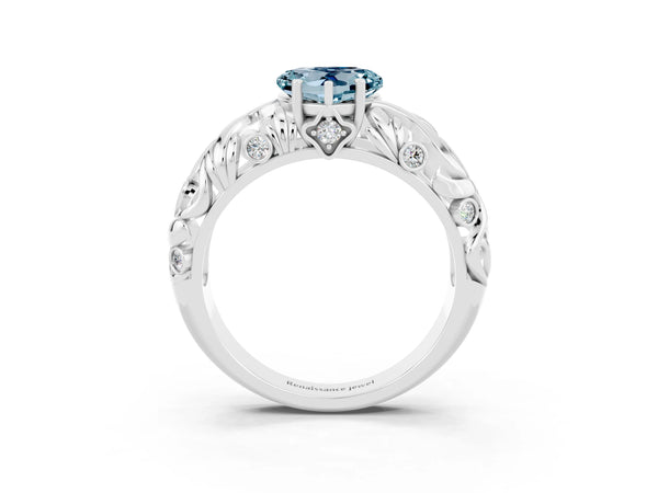 White gold Heart Cut Solitaire Aquamarine Leaf-Inspired Vine Band Ring with Prong Setting