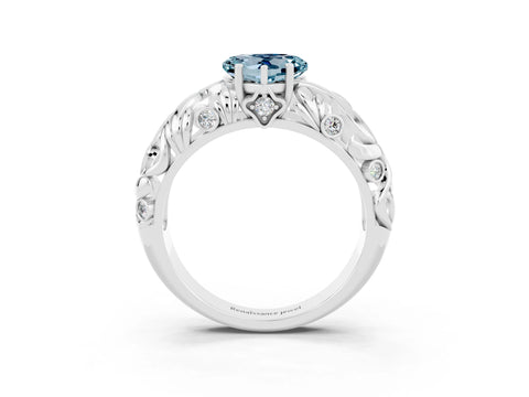 White gold Heart Cut Solitaire Aquamarine Leaf-Inspired Vine Band Ring with Prong Setting_3