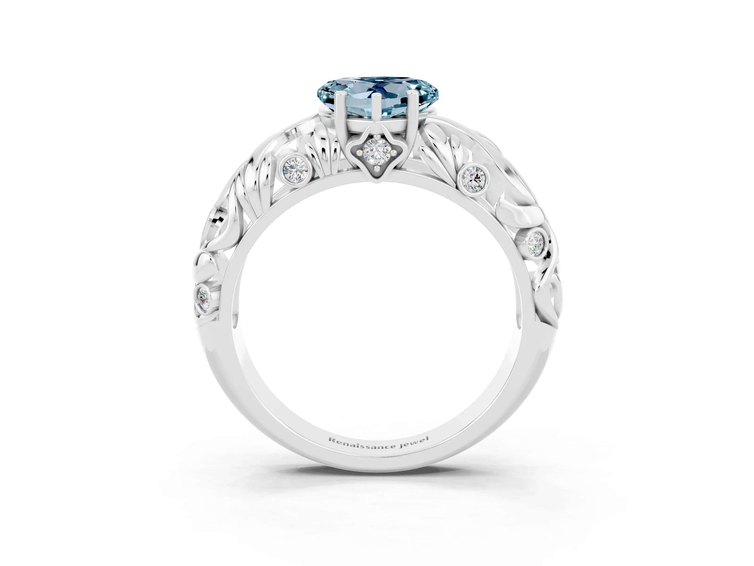 White gold Heart Cut Solitaire Aquamarine Leaf-Inspired Vine Band Ring with Prong Setting_3