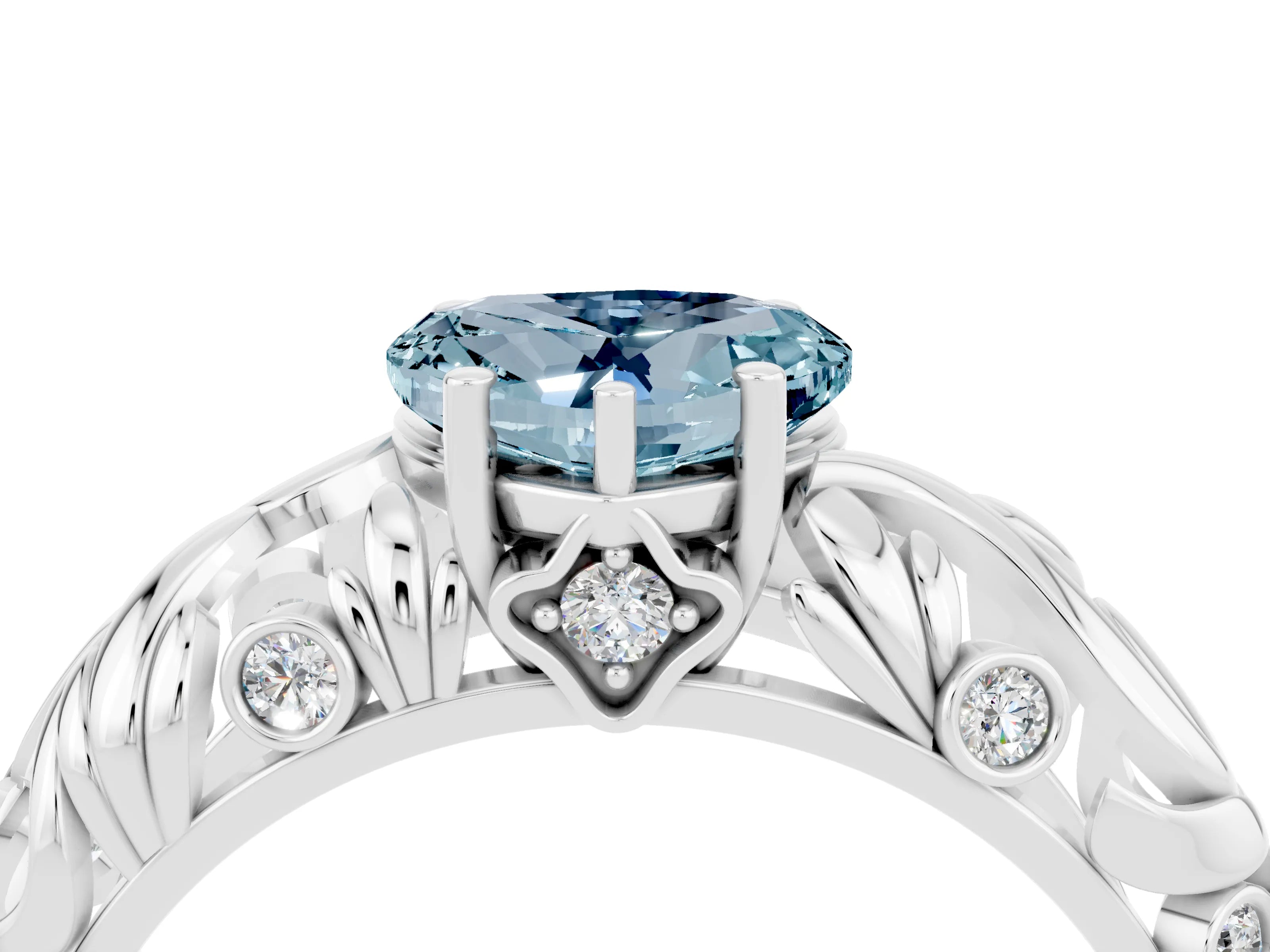 White gold Heart Cut Solitaire Aquamarine Leaf-Inspired Vine Band Ring with Prong Setting_4