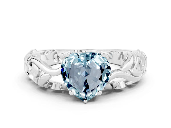 White gold Heart Cut Solitaire Aquamarine Leaf-Inspired Vine Band Ring with Prong Setting