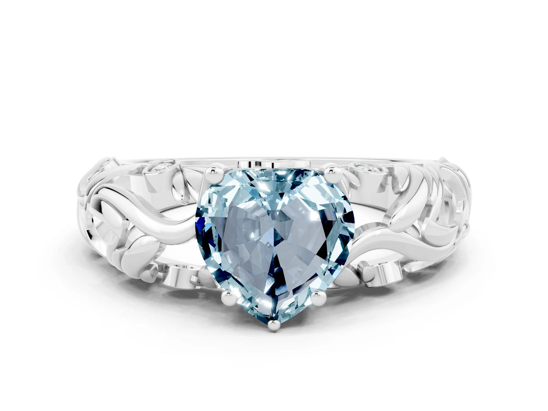 White gold Heart Cut Solitaire Aquamarine Leaf-Inspired Vine Band Ring with Prong Setting
