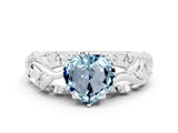 White gold Heart Cut Solitaire Aquamarine Leaf-Inspired Vine Band Ring with Prong Setting