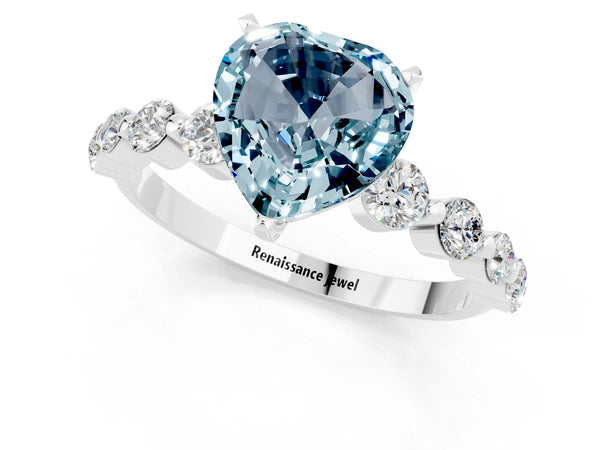 White gold Heart Cut Solitaire Aquamarine Ring with Pave Band and Four-Prong Setting
