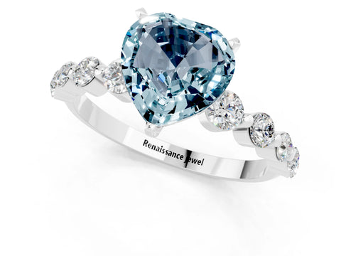 White gold Heart Cut Solitaire Aquamarine Ring with Pave Band and Four-Prong Setting_1