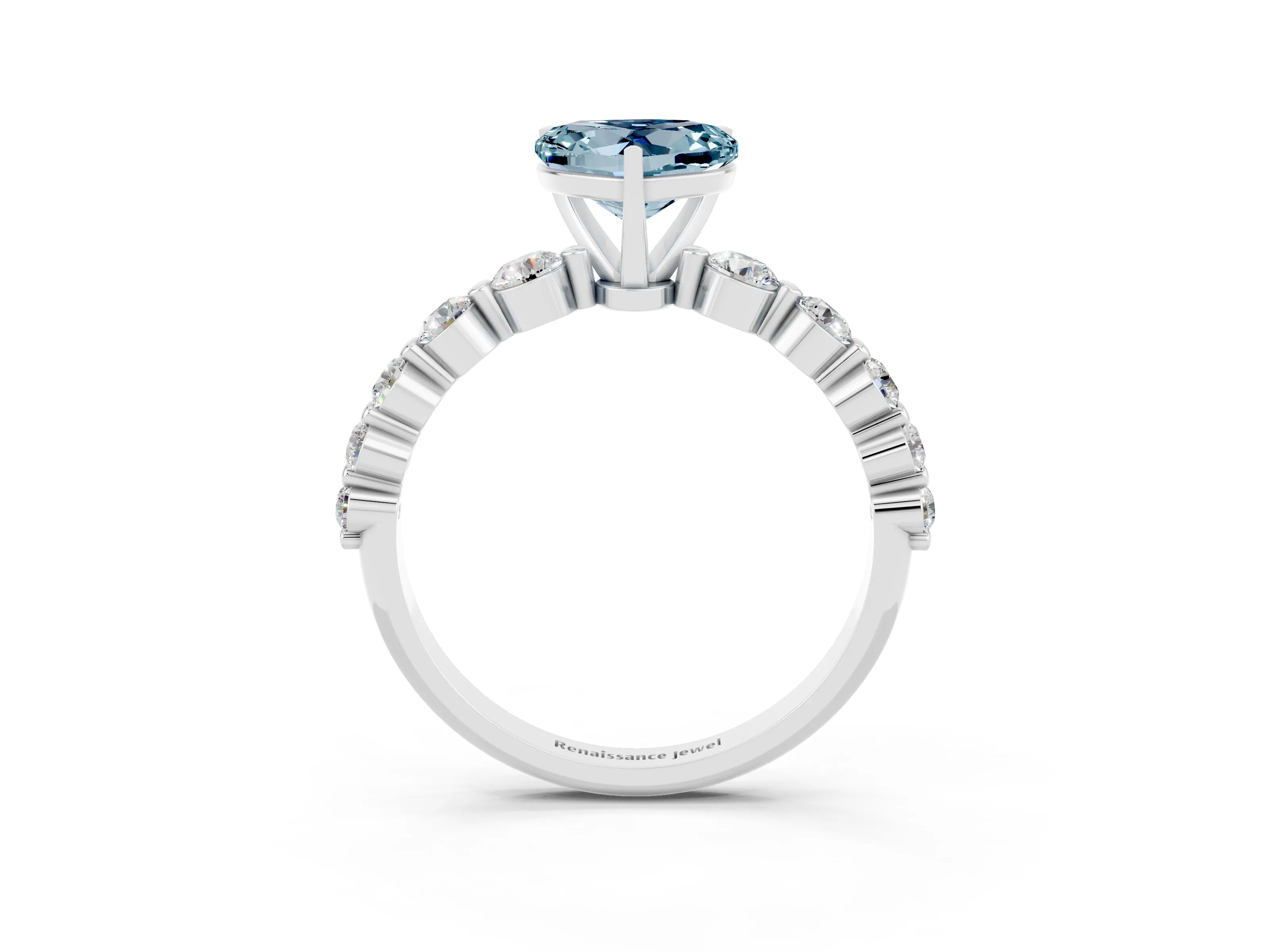 White gold Heart Cut Solitaire Aquamarine Ring with Pave Band and Four-Prong Setting_3