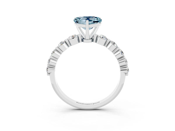 Platinum Heart Cut Solitaire Aquamarine Ring with Pave Band and Four-Prong Setting