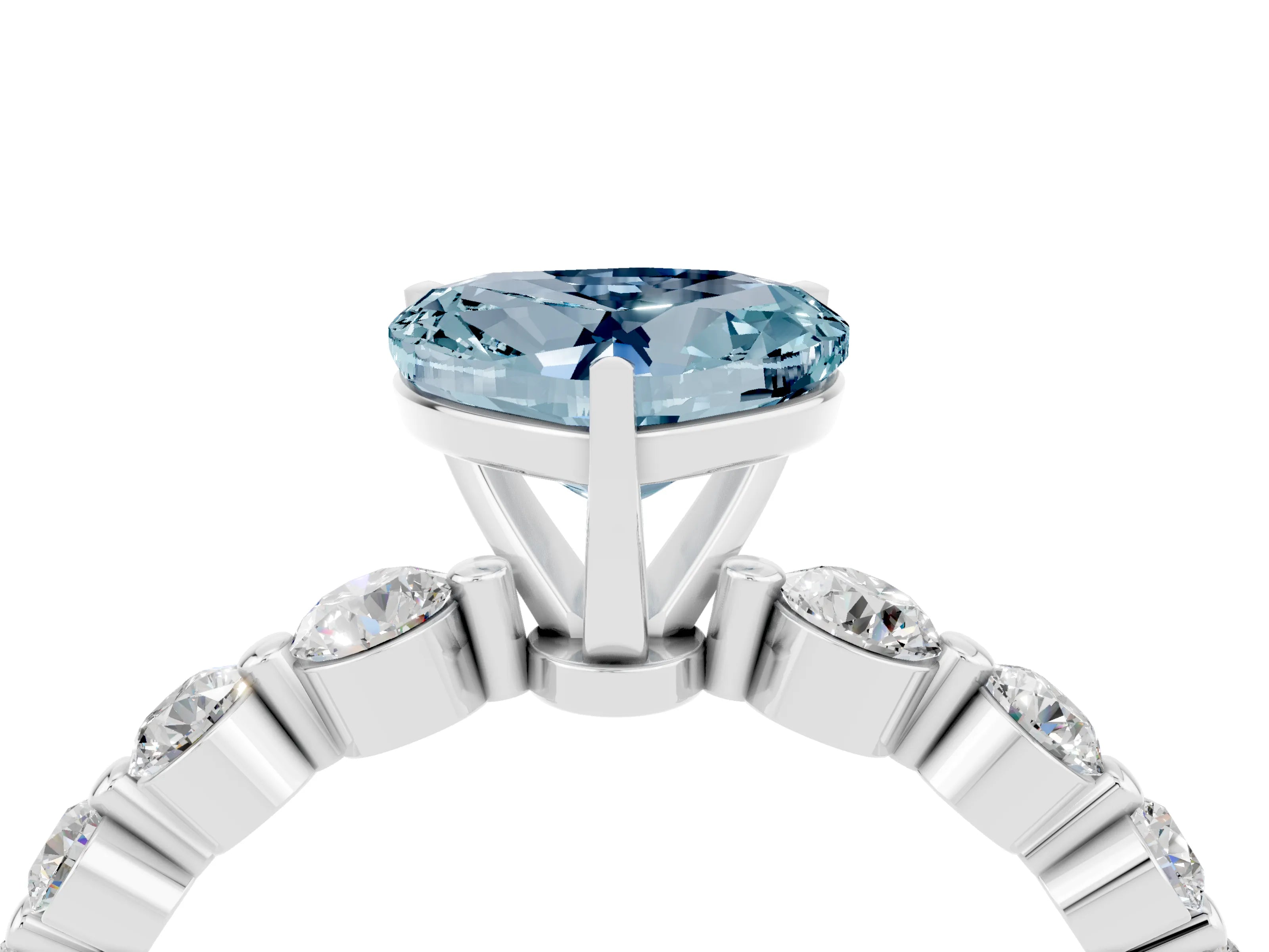 White gold Heart Cut Solitaire Aquamarine Ring with Pave Band and Four-Prong Setting_4