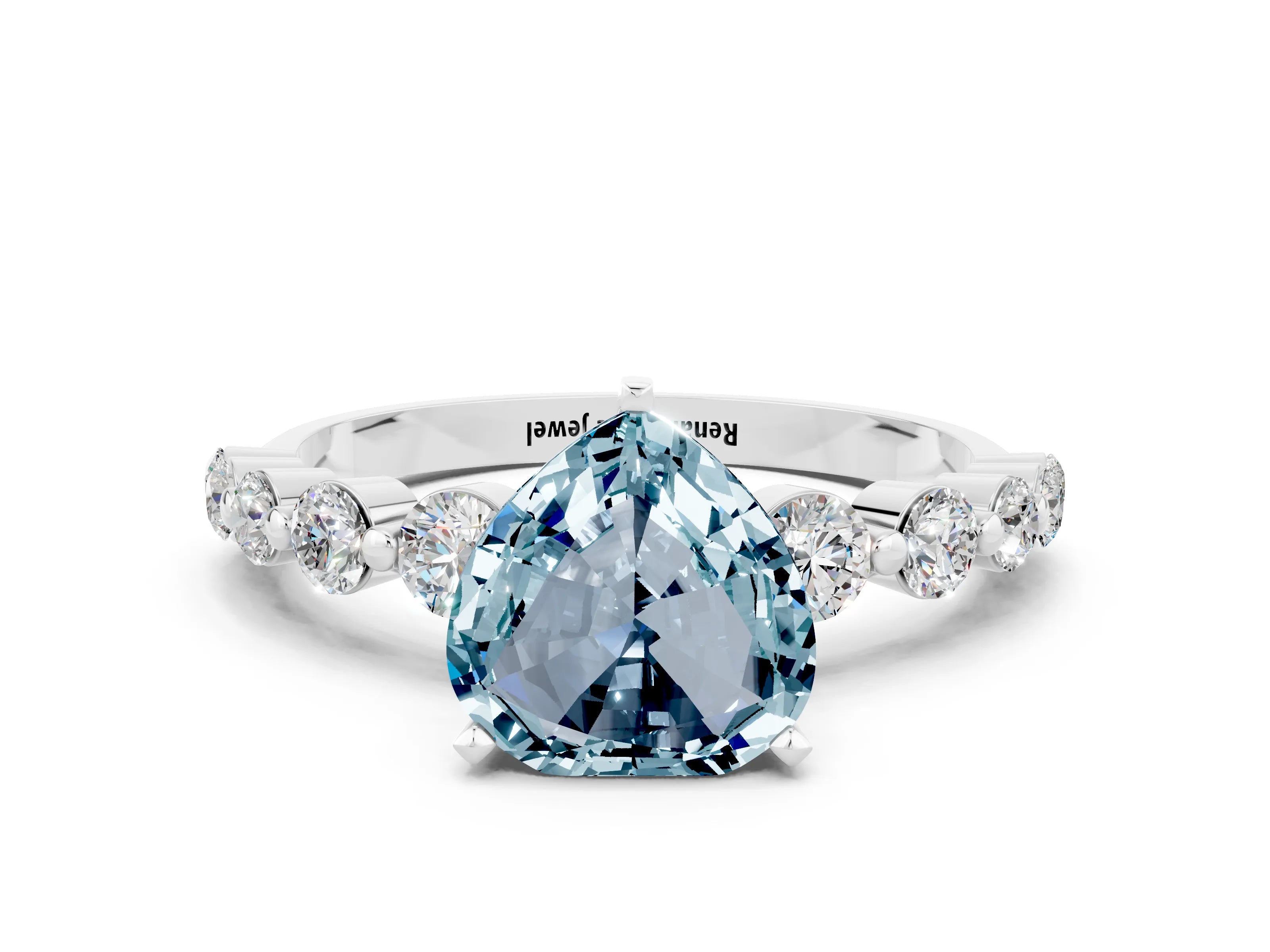 White gold Heart Cut Solitaire Aquamarine Ring with Pave Band and Four-Prong Setting