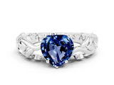 White gold Heart Cut Solitaire Blue Sapphire Leaf-Inspired Vine Band Ring with Prong Setting