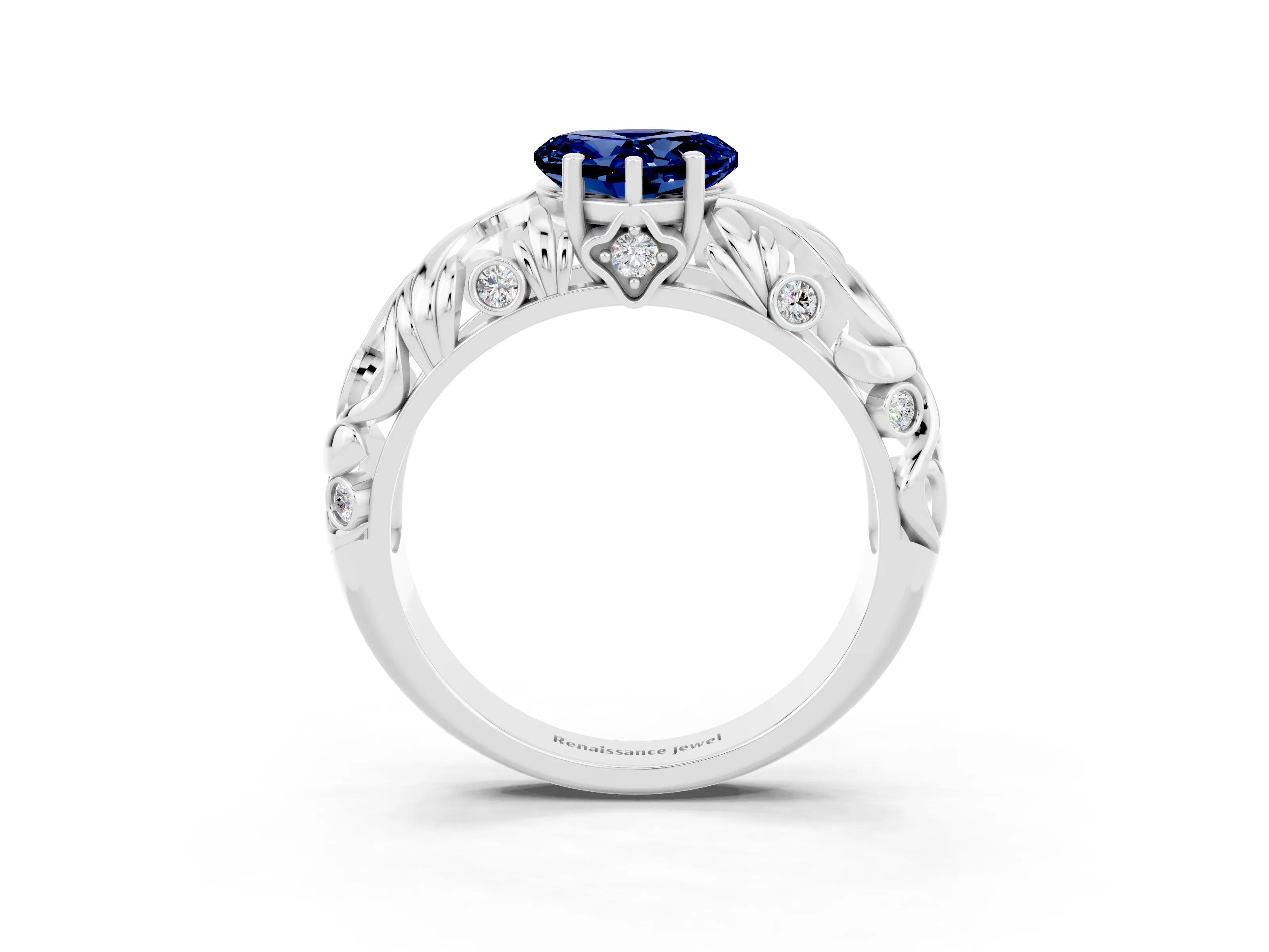 White gold Heart Cut Solitaire Blue Sapphire Leaf-Inspired Vine Band Ring with Prong Setting_3