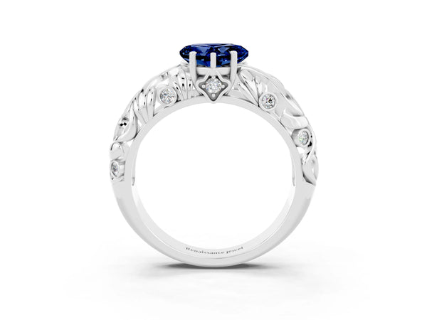 Silver Heart Cut Solitaire Blue Sapphire Leaf-Inspired Vine Band Ring with Prong Setting