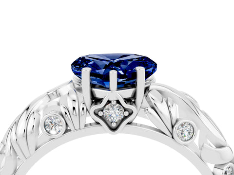 White gold Heart Cut Solitaire Blue Sapphire Leaf-Inspired Vine Band Ring with Prong Setting_4
