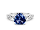 White gold Heart Cut Solitaire Blue Sapphire Ring with Pave Band and Four-Prong Setting