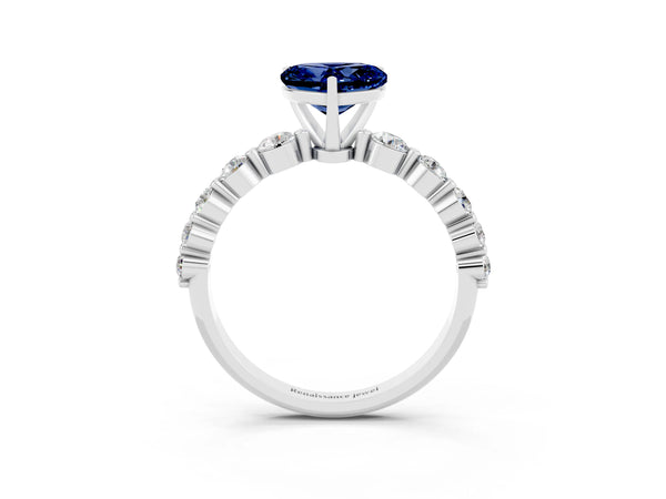 Silver Heart Cut Solitaire Blue Sapphire Ring with Pave Band and Four-Prong Setting