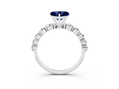 White gold Heart Cut Solitaire Blue Sapphire Ring with Pave Band and Four-Prong Setting_3