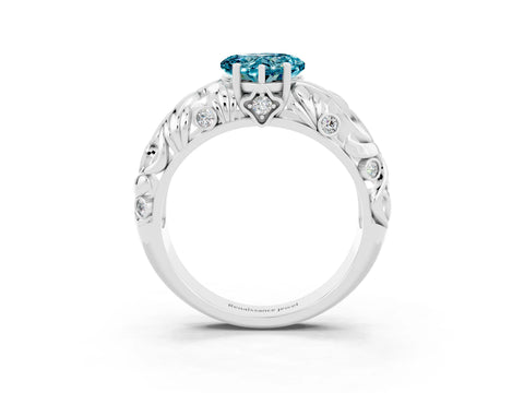 White gold Heart Cut Solitaire Blue Topaz Leaf-Inspired Vine Band Ring with Prong Setting_3