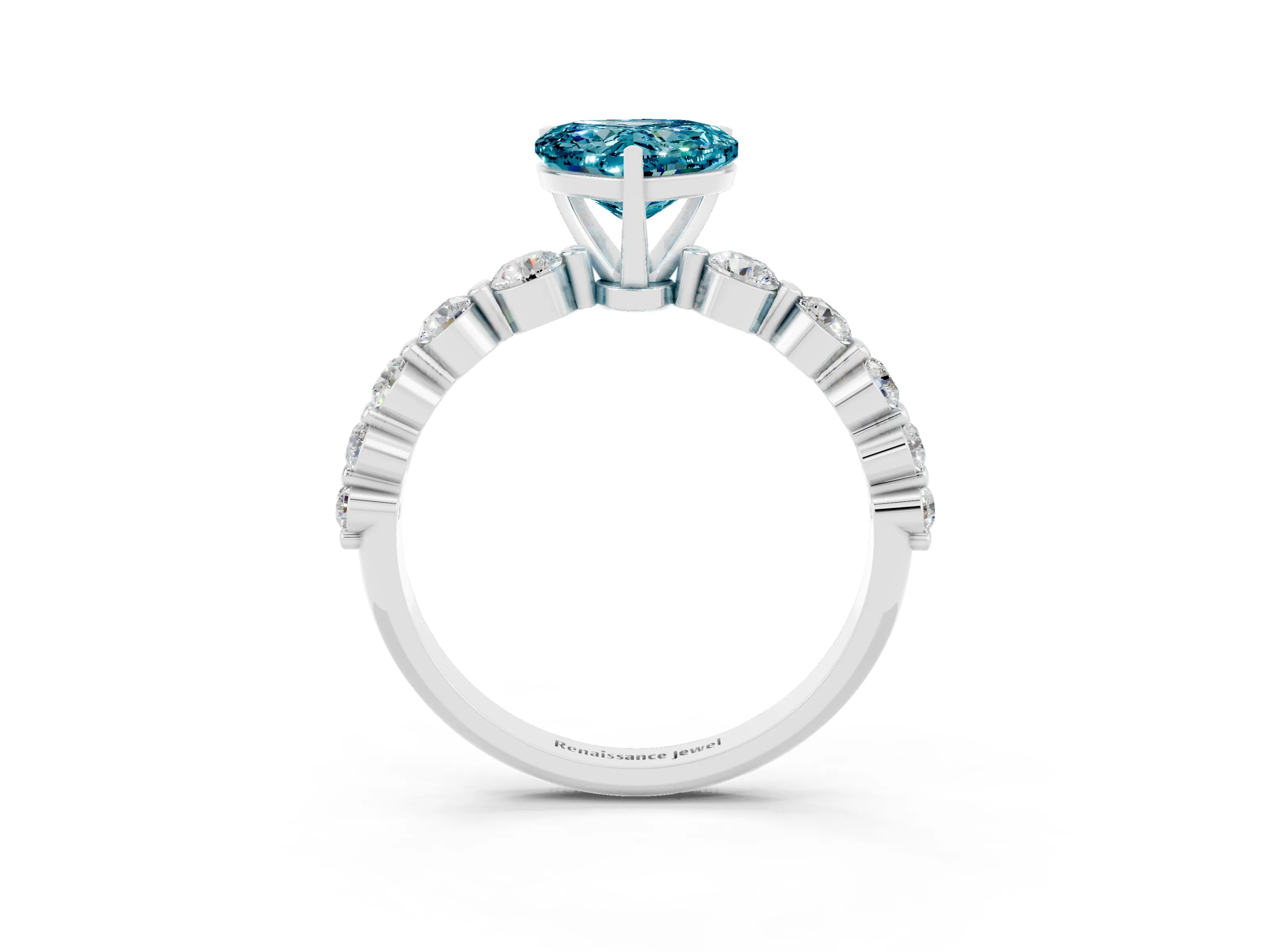 White gold Heart Cut Solitaire Blue Topaz Ring with Pave Band and Four-Prong Setting_3