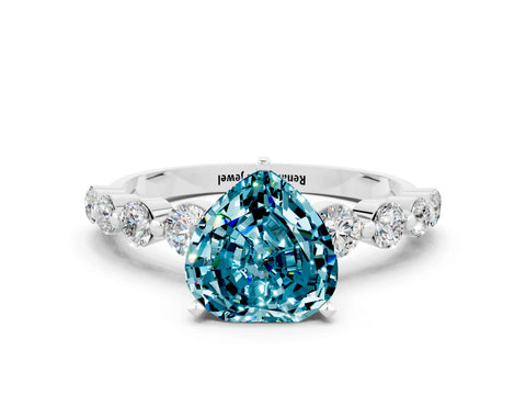 White gold Heart Cut Solitaire Blue Topaz Ring with Pave Band and Four-Prong Setting