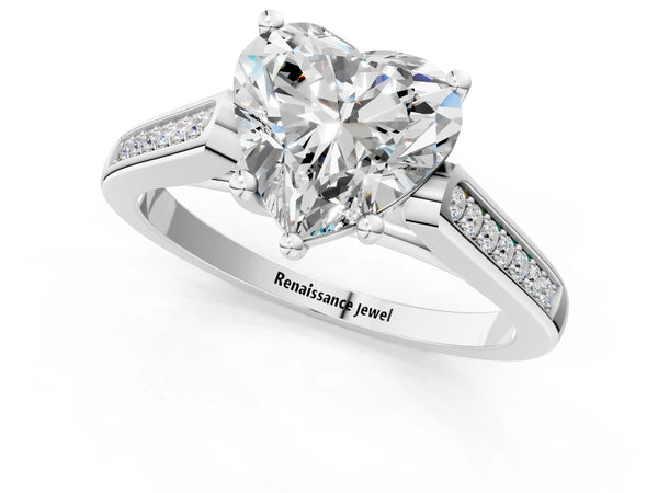 Platinum Heart Cut Solitaire Cathedral Diamond Engagement Ring with Channel-Set Band and Four-Prong Setting