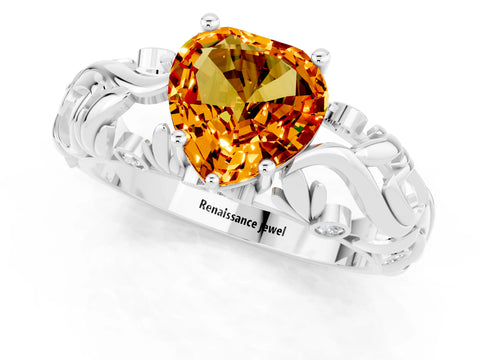 White gold Heart Cut Solitaire Citrine Leaf-Inspired Vine Band Ring with Prong Setting_1