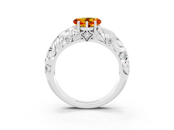 Platinum Heart Cut Solitaire Citrine Leaf-Inspired Vine Band Ring with Prong Setting