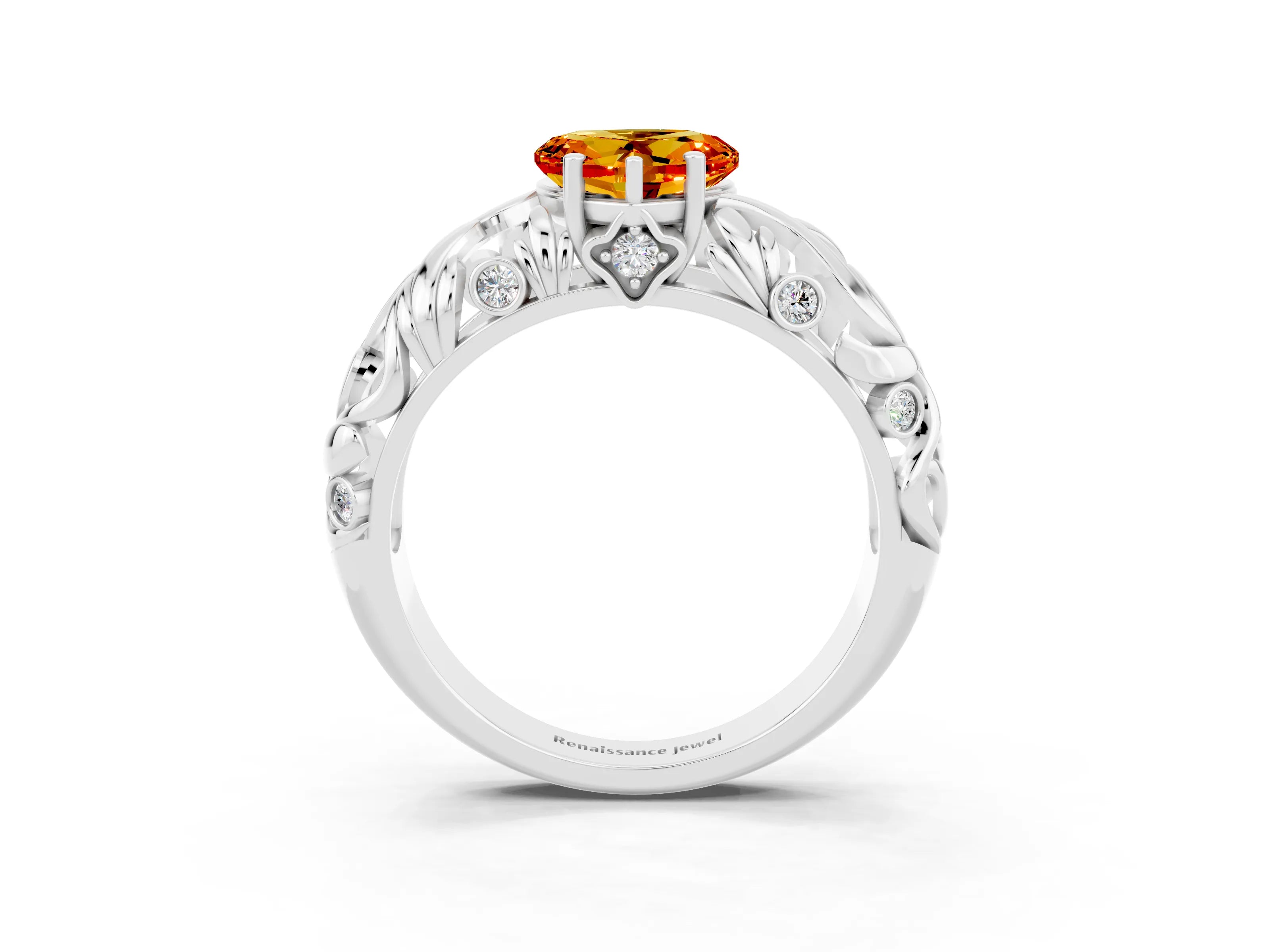 White gold Heart Cut Solitaire Citrine Leaf-Inspired Vine Band Ring with Prong Setting_3