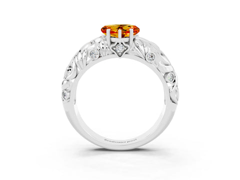 White gold Heart Cut Solitaire Citrine Leaf-Inspired Vine Band Ring with Prong Setting_3