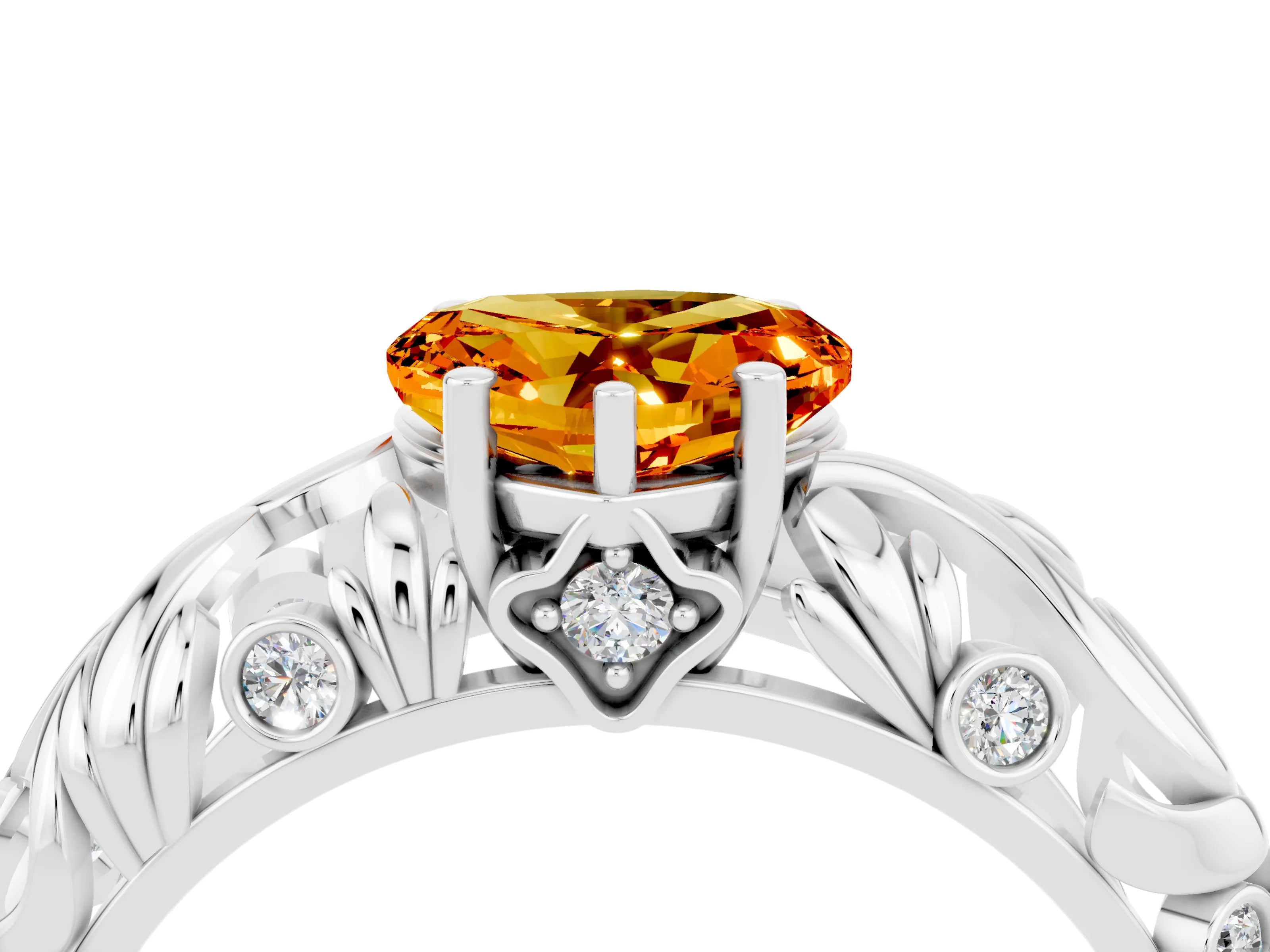 White gold Heart Cut Solitaire Citrine Leaf-Inspired Vine Band Ring with Prong Setting_4
