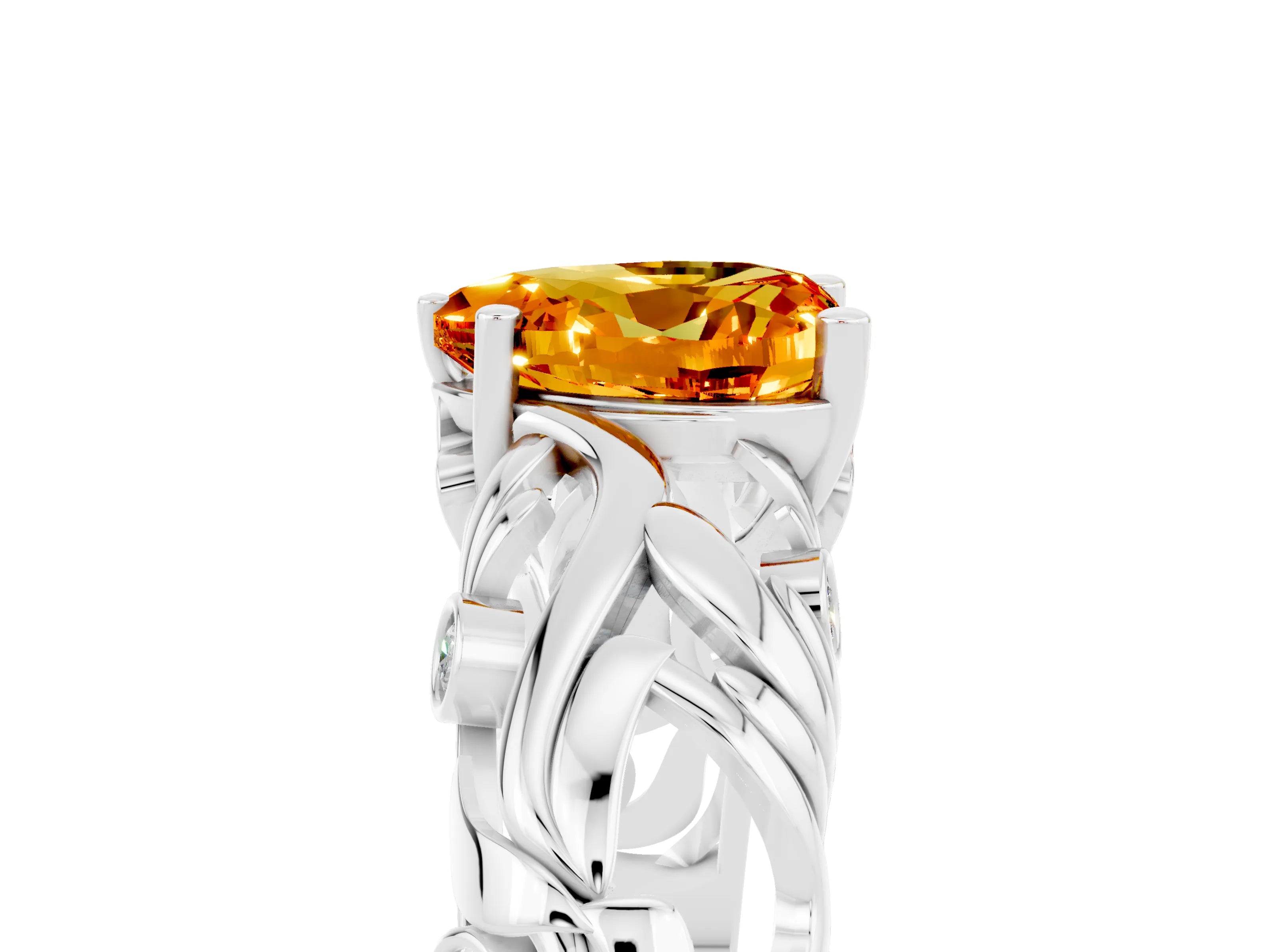 White gold Heart Cut Solitaire Citrine Leaf-Inspired Vine Band Ring with Prong Setting_5