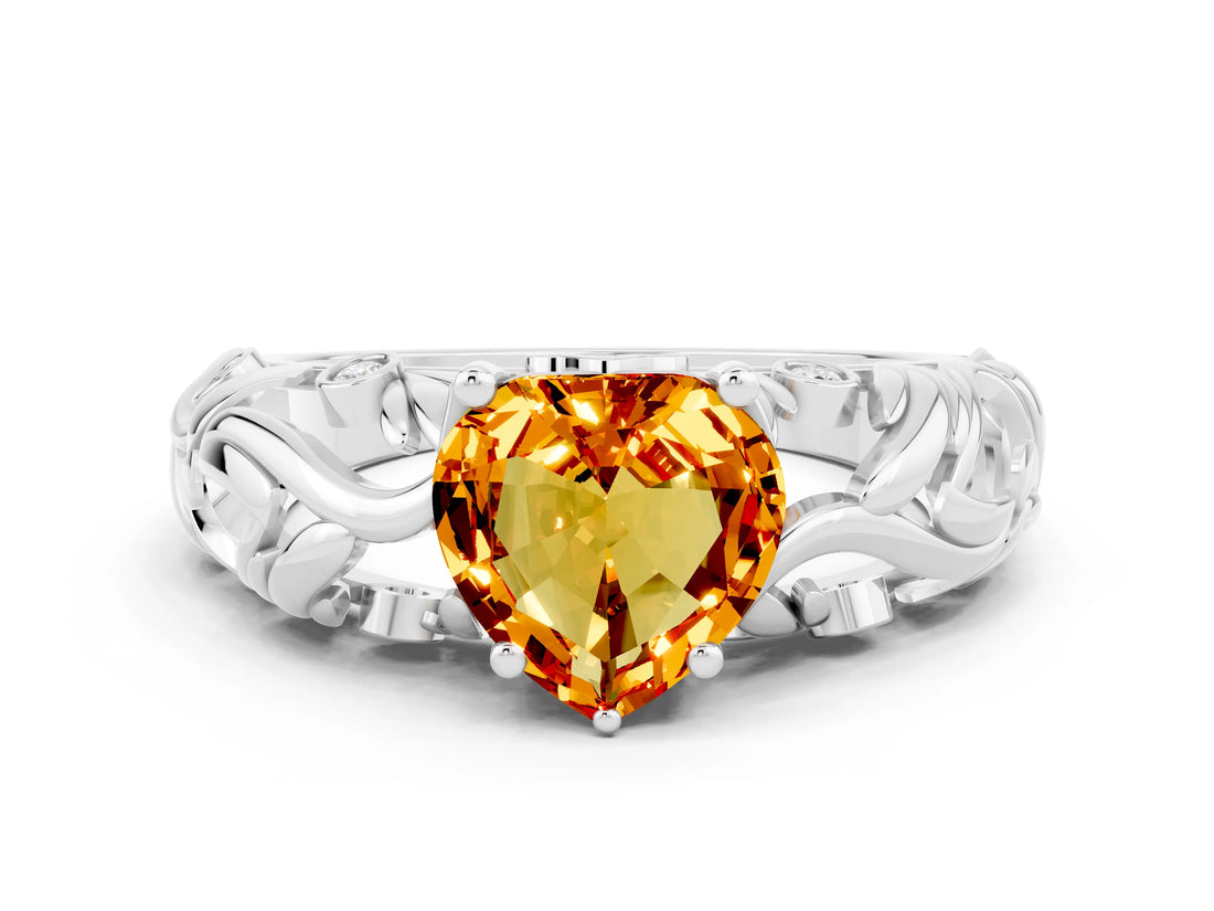 White gold Heart Cut Solitaire Citrine Leaf-Inspired Vine Band Ring with Prong Setting