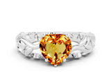 White gold Heart Cut Solitaire Citrine Leaf-Inspired Vine Band Ring with Prong Setting