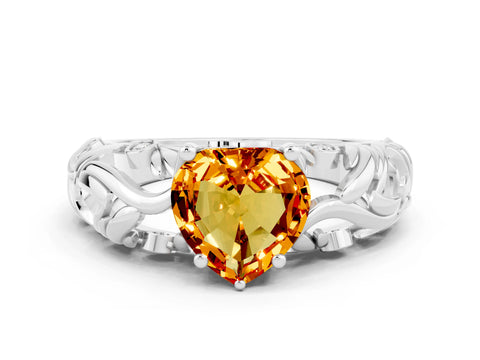 White gold Heart Cut Solitaire Citrine Leaf-Inspired Vine Band Ring with Prong Setting