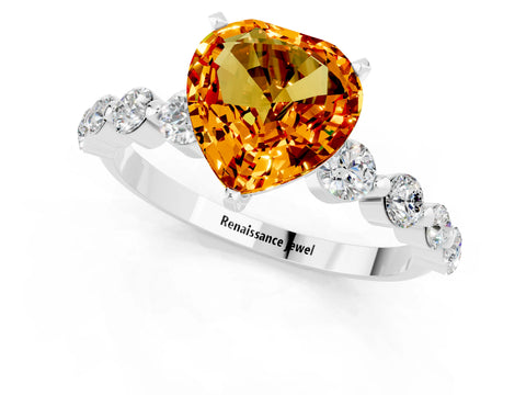 White gold Heart Cut Solitaire Citrine Ring with Pave Band and Four-Prong Setting_1