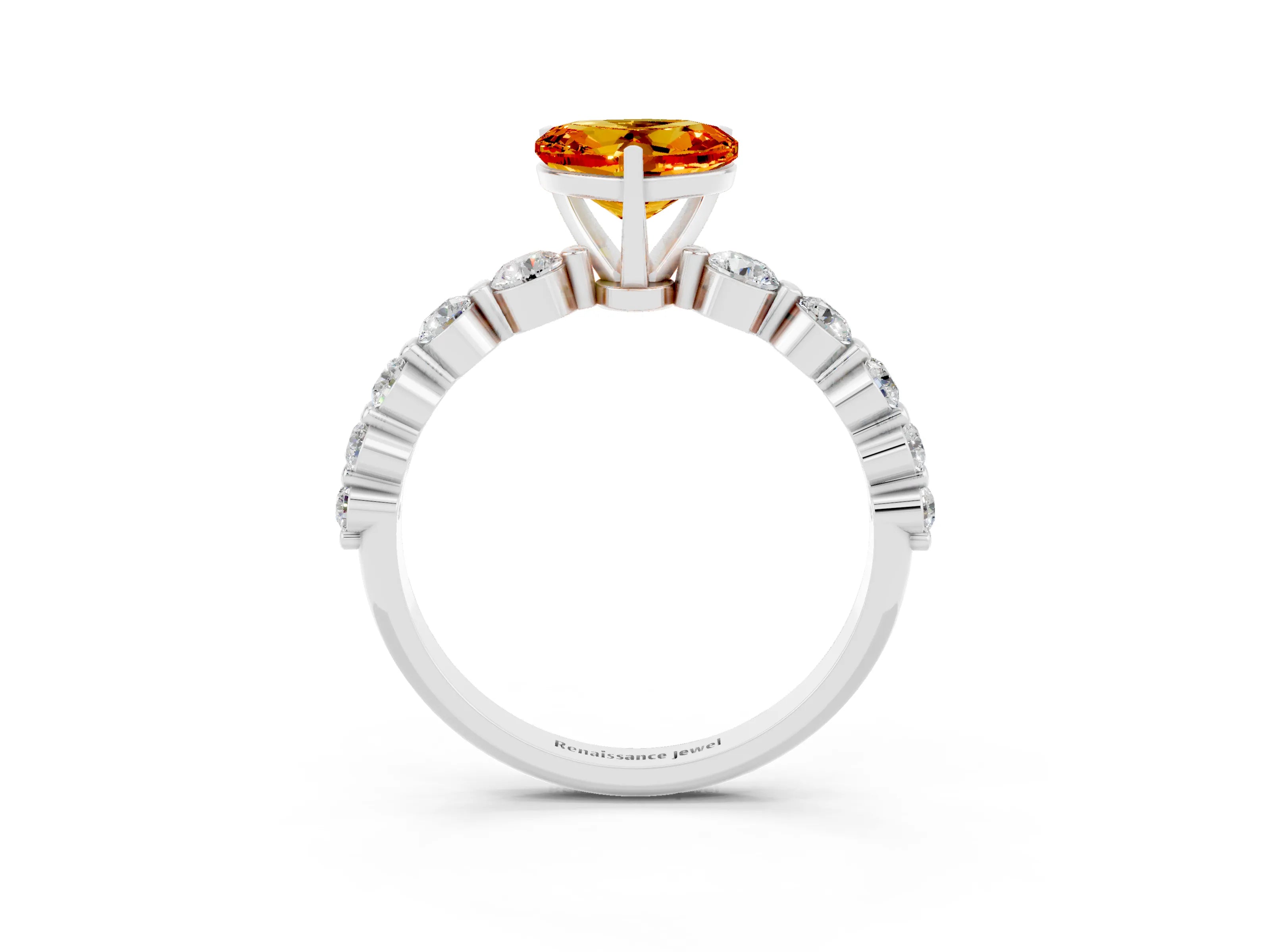 White gold Heart Cut Solitaire Citrine Ring with Pave Band and Four-Prong Setting_3