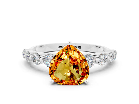 White gold Heart Cut Solitaire Citrine Ring with Pave Band and Four-Prong Setting