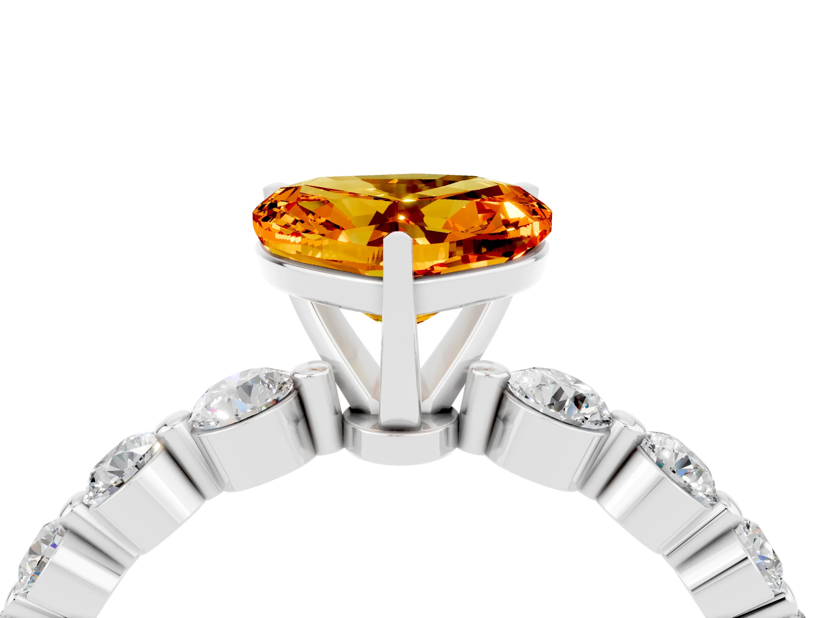 White gold Heart Cut Solitaire Citrine Ring with Pave Band and Four-Prong Setting_4