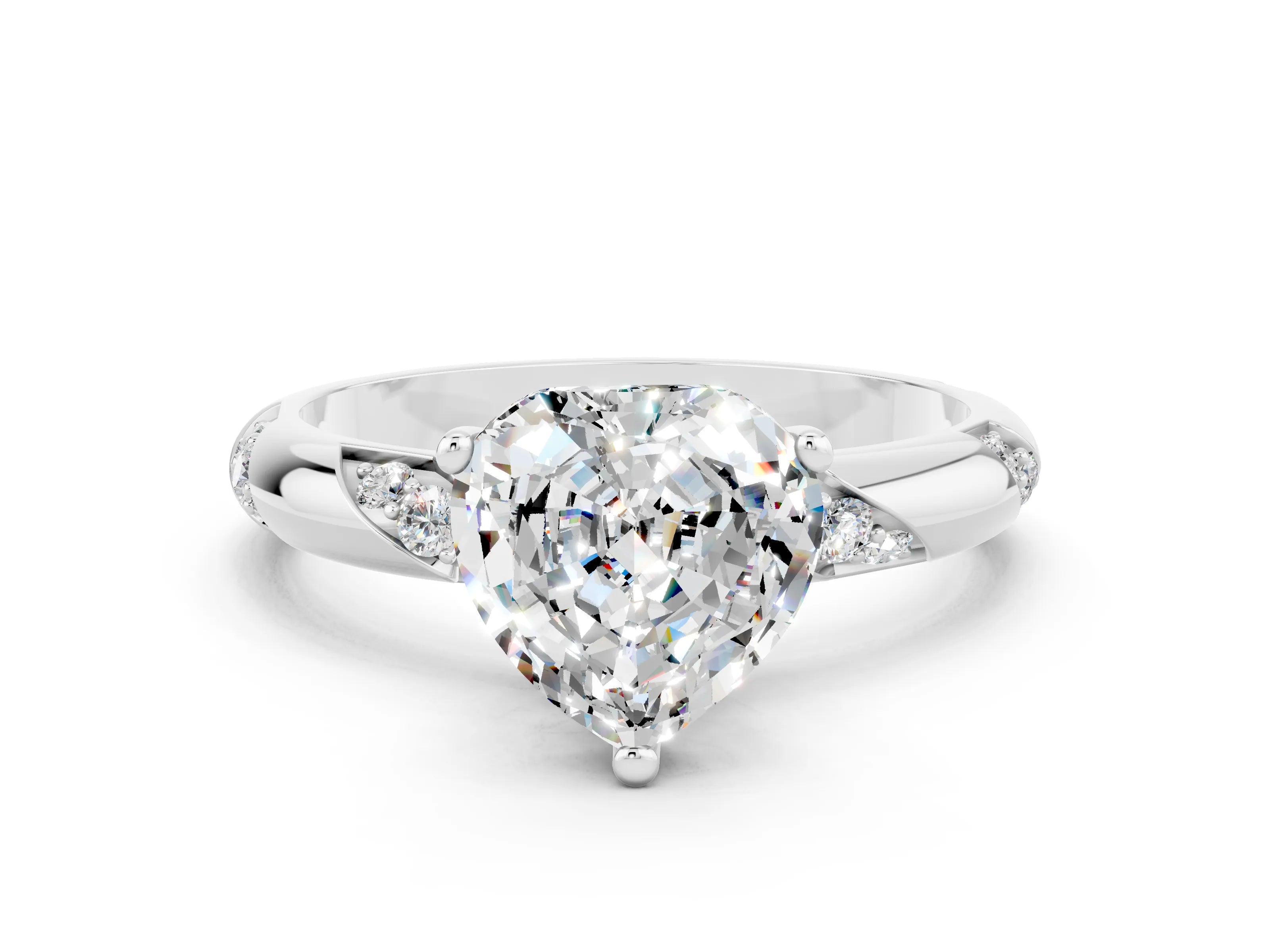 White gold Heart Cut Solitaire Diamond Engagement Ring with Twisted Pave Band and Four-Prong Setting