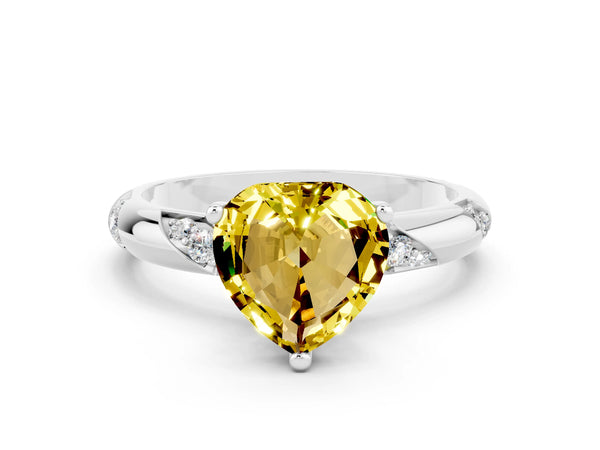 Platinum Heart Cut Yellow Sapphire Solitaire Engagement Ring with Twisted Round  Accent Band and Prong Setting