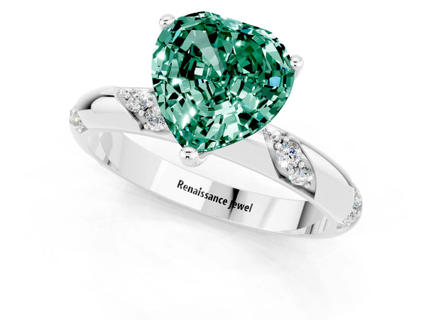 White gold Heart Cut Green Sapphire Solitaire Engagement Ring with Twisted Round  Accent Band and Prong Setting