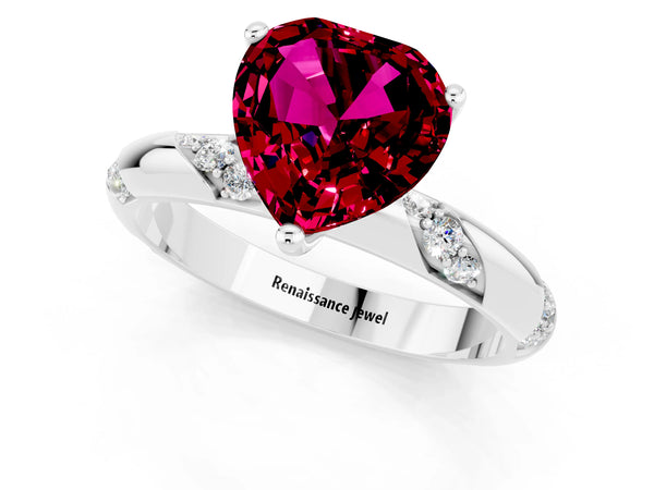Platinum Heart Cut Garnet Solitaire Engagement Ring with Twisted Round  Accent Band and Prong Setting
